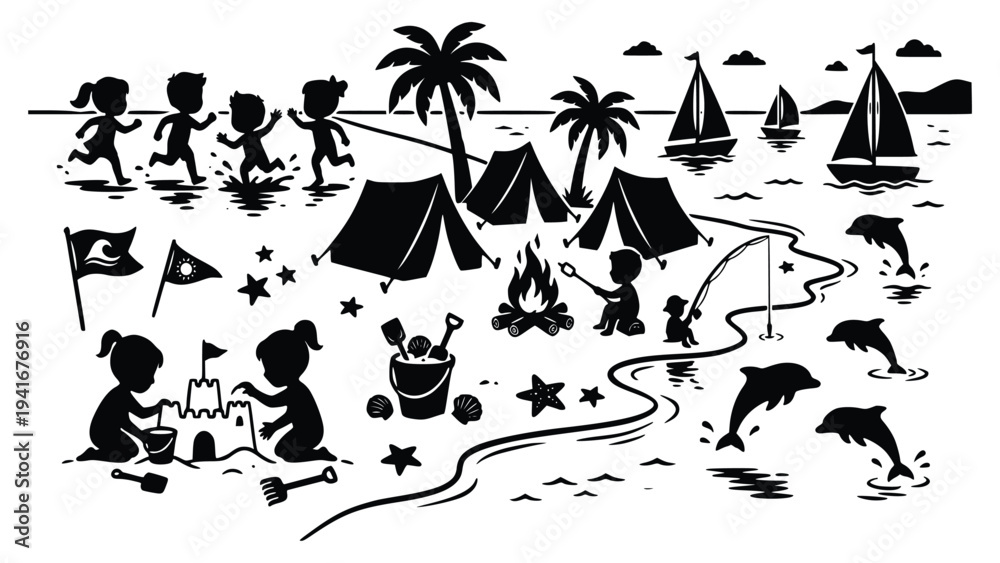 Fototapeta premium Happy children enjoying a fun day at the beach with tents camping and playful activities together on a sunny day outdoors with friends and family.