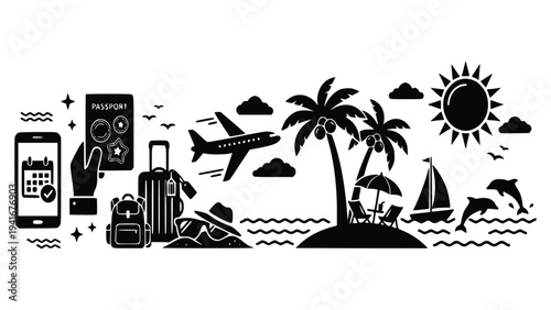 Travel planning concept featuring tropical destination with luggage and technology for journey preparation and exploration of exotic locations with a serene atmosphere.
