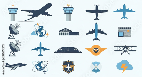 Aviation Icons Set - Planes, Control Towers, and Airport Elements.