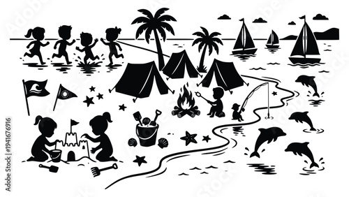 Happy children enjoying a fun day at the beach with tents camping and playful activities together on a sunny day outdoors with friends and family.