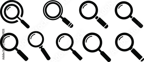 Magnifying Glass Search Icon Set for Find, Zoom, Investigation, Data Analysis, and Web Interface Navigation Design