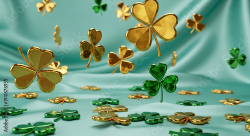 Green and gold crystal gems shamrocks evoking luck, celebration and Irish tradition with light green fabric background for festive atmosphere of St. Patrick's Day.