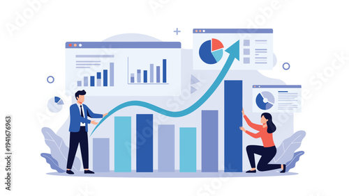 Collaborative team diligently works to construct a rising bar chart, surrounded by various data visualizations, symbolizing strong business growth and strategic success.