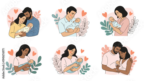 Collection of six tender illustrations depicting diverse parents lovingly holding and nurturing their newborn babies, celebrating the profound bond of parenthood and family love.