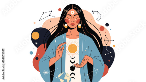 Serene woman with long flowing hair and intricate celestial symbols, including the sun and moon phases, represents profound spirituality, cosmic energy, and inner wisdom.