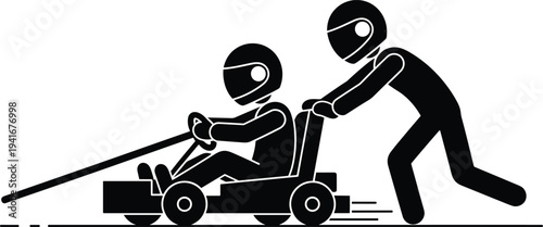 Go kart racing silhouette vector illustration showing driver steering kart while mechanic pushes, motorsport competition action isolated on white background