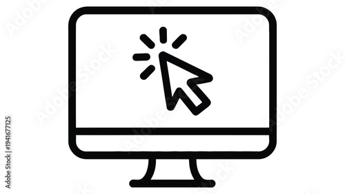 computer monitor with cursor click line icon representing digital interaction, online navigation, user interface action and technology concept