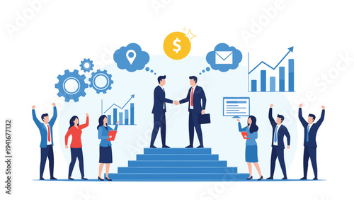 Two successful businessmen confidently shake hands on a triumphant podium, surrounded by cheering colleagues, symbolizing a lucrative partnership and major business deal.