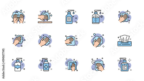 Comprehensive set of line icons illustrating various hand hygiene practices, including washing hands with soap, using sanitizer, and wiping surfaces.