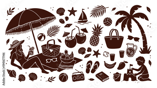Beautiful Maroon and white sketchy graphic elements featuring people relaxing on a beach vacation with drinks food and other tropical accessories around them in a fun and carefree atmosphere.