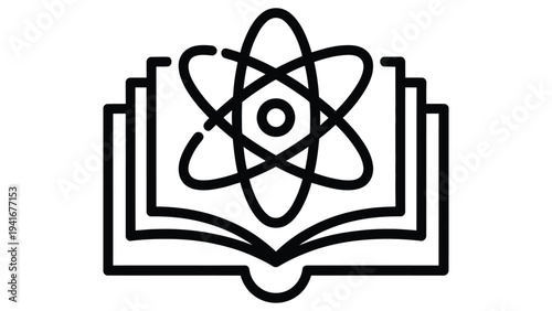 science education line icon with atom symbol and open book representing physics learning, scientific knowledge, research and academic study concept