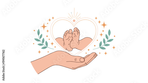 Gentle hand cradling tiny baby feet within a heart-shaped frame, adorned with leaves and sparkles, symbolizing love, care, and new life.
