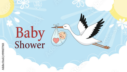 Whimsical illustration for a baby shower invitation, featuring a stork carrying a baby in a bundle across a blue sky with clouds and sun.