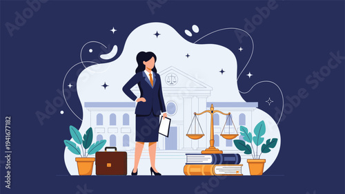 Confident female lawyer standing in front of a courthouse with scales of justice and law books, symbolizing legal expertise and advocacy.