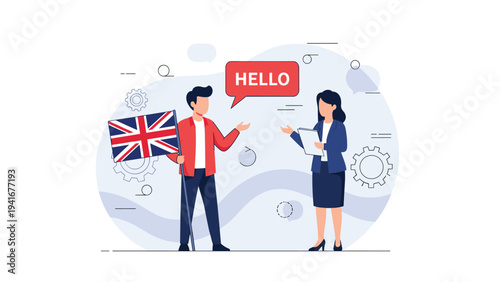 People conversing with a "HELLO" speech bubble, one holding a UK flag, representing language learning, cultural exchange, and international communication.
