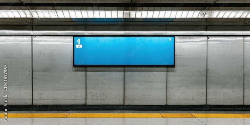 Fototapeta premium Subway station interior. Gray tiled walls, bright screen displays information. Yellow platform edge visible, dark surroundings. Minimalist aesthetic.
