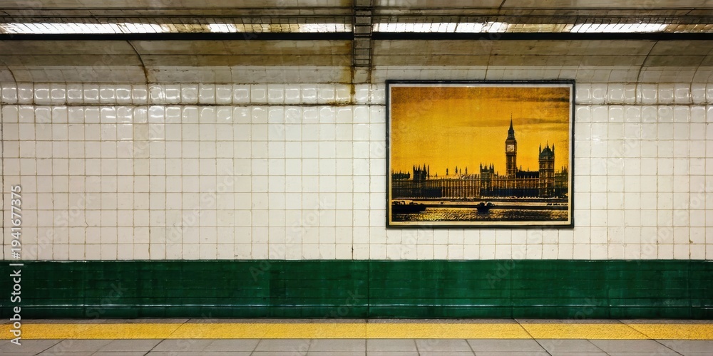 Fototapeta premium Subway station interior features advertisement depicting London skyline. Tiles, platform, lighting create stark contrast, moody atmosphere.