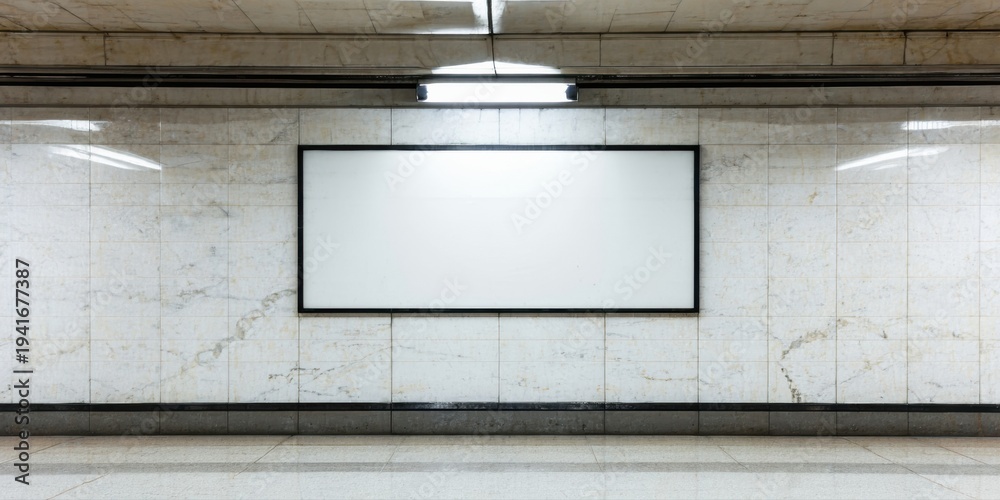 Fototapeta premium Subway station interior features blank billboard. Tiled walls, dark flooring, bright lighting create stark contrast. Minimalist aesthetic.