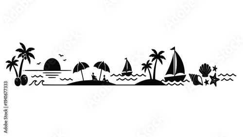 Beautiful black and white illustration of a serene tropical beach scene with sailboats and palm trees at sunset perfect for relaxation and vacation themes.