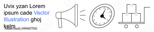 Marketing, time management, logistics, delivery, advertising, deadlines. A megaphone, clock and trolley with boxes. Marketing and time management by the megaphone and clock