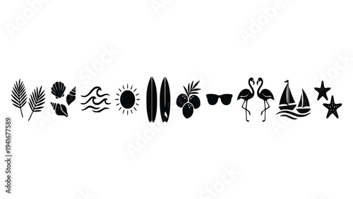 Collection of beach themed icons including tropical plants, seashells, sun, surfboards, sunglasses, flamingos, sailboat, and starfish in a simple black and white design perfect for coastal decor.
