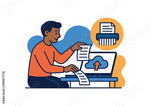 A person feeding paper into a laptop with a cloud upload icon and a paper shredder symbol, illustrating scanning, cloud backup, and document digitization.