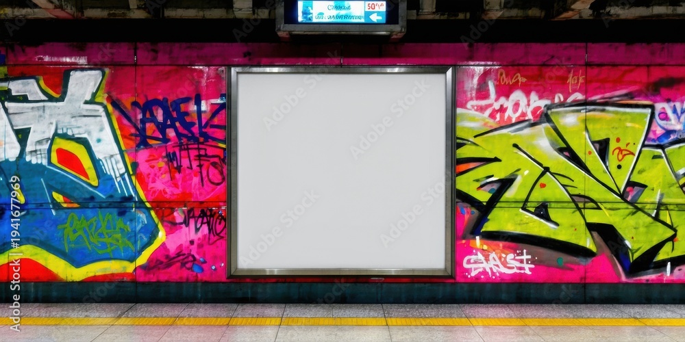 Fototapeta premium Subway station wall covered with vibrant graffiti. Blank poster space centered between colorful artwork. Dark background, yellow floor tiles visible.