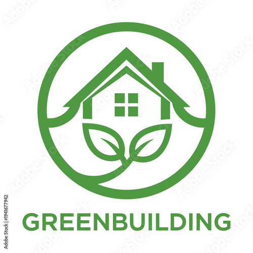 Green building logo with house and leaves in circle icon