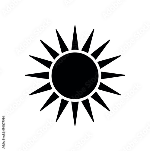 Simple black sun symbol with a solid center and pointed rays, good for weather, summer, or solar-themed backgrounds and designs.