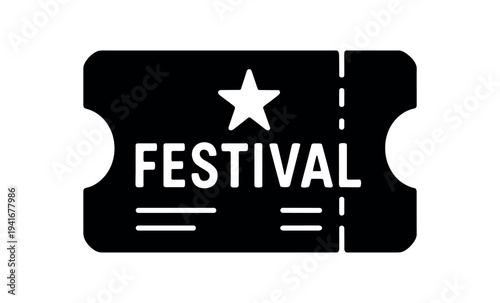Solid black ticket shape with a star and dotted perforation line, suitable for event, concert, or festival admission graphics and signage.