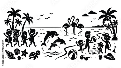 Happy people enjoying a fun day at the beach with playful dolphins sea creatures in a tropical paradise surrounded by palm trees and beach balls.