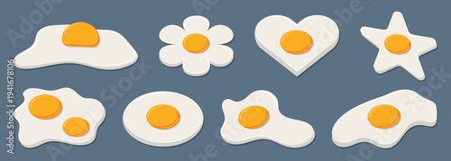 Creative fried egg shapes collection. Sunny side up eggs arranged in abstract forms including flower, heart and star