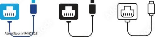 Ethernet Network Socket and Plug Icon Set in Flat Blue Black and Line Art Styles