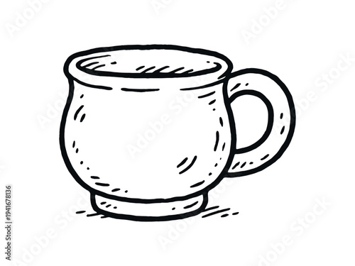 Cozy ceramic mug hand-drawn outline for kitchen and beverage design, perfect for coffee or tea branding, flat vector illustration