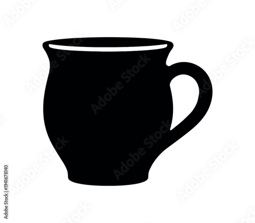 Solid black mug silhouette icon for minimalist kitchen, cafe branding or app ui, flat vector icon