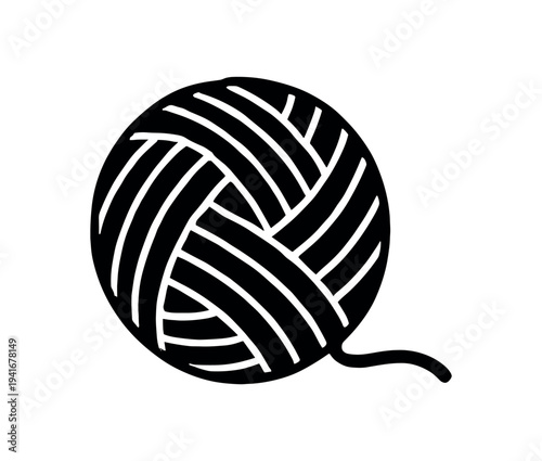 Ball of yarn looped strand in black silhouette for knitting, craft, or hobby design