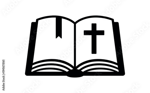 Open bible with bookmark and cross symbol for church or religious design flat vector icon