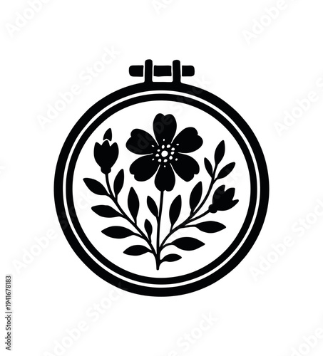Floral embroidery hoop with blooming flower and leaves for craft or textile design flat vector icon