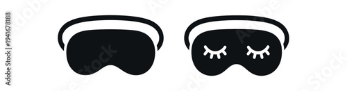 Two black sleep eye masks side by side, one plain and one decorated with closed eyelashes, ideal for sleep, travel, or spa illustrations.