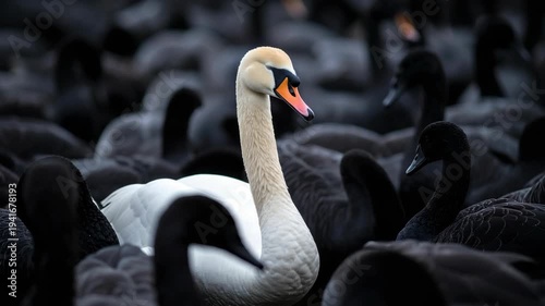 One white swan among many black swans showing contrast and uniqueness in a dark moody setting
