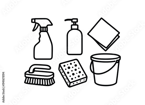 Cleaning supplies set with spray bottle, soap dispenser, cloth, brush, sponge and bucket for household cleaning flat vector icon