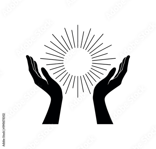 Two hands holding a radiant sun with rays for spiritual healing and energy design