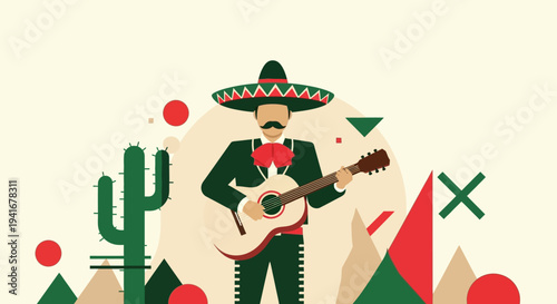 Mexican musician playing guitar in desert landscape.