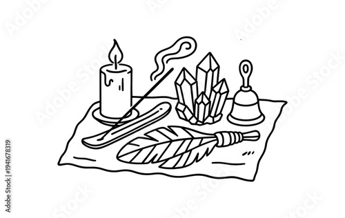 Small ritual altar with candle, incense, crystals, feather and bell flat vector icon