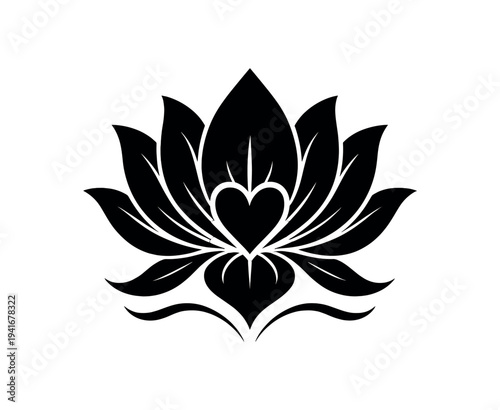 Stylized lotus flower with heart center ornamental yoga and wellness emblem flat vector icon