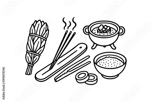 Smudge and incense ritual set with sage bundle, incense sticks and cleansing bowls for wellness design