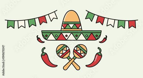 Vibrant Mexican Fiesta Elements with Sombrero and Maracas.