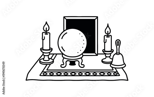 Crystal ball on an altar with candles, mirror, bell and patterned cloth for ritual or fortune telling artwork flat vector illustration