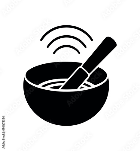 Singing bowl and striker icon with sound waves for meditation and sound healing flat vector icon