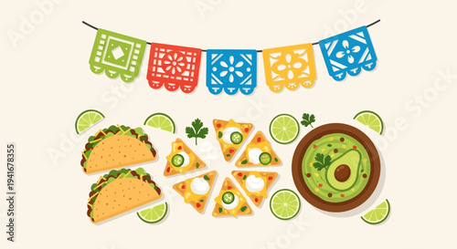Vibrant Mexican Fiesta with Tacos and Guacamole.